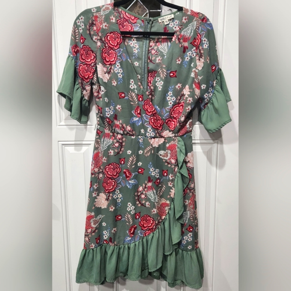 Tassels N Lace Green Floral Print Faux Wrap Midi Dress Women's Size Medi…